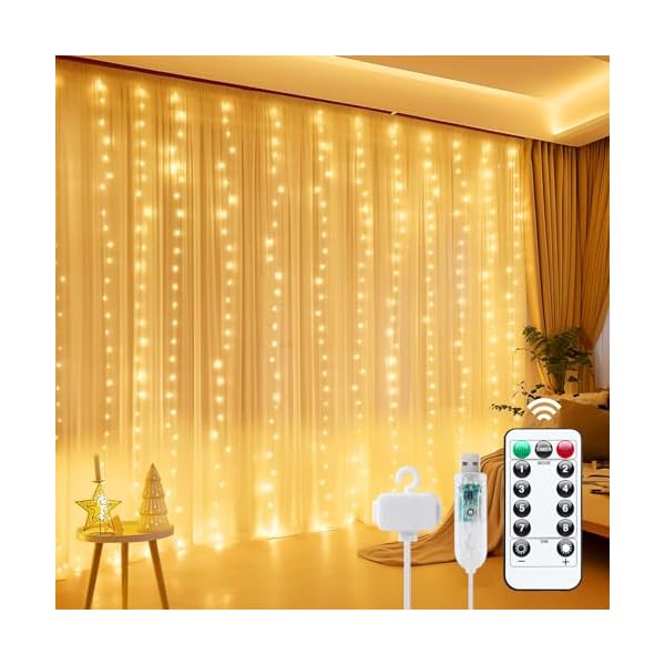 Minetom Curtain Lights, 300 LED Dimmable Fairy Lights with Remote and Timer, 8 Modes, USB Powered String Lights for Room Wall Party Xmas Indoor Decor, Warm White