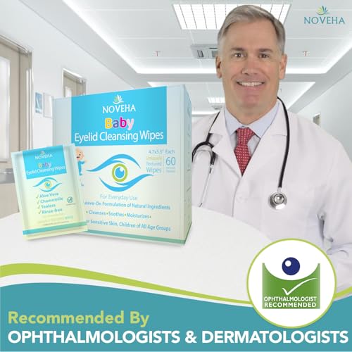 NOVEHA 60PCs Baby Eye Wipes | Safe & Natural Eyelid & Lash Wipes | Non Irritating, Tear Free, Hypoallergenic & Preservative free | Organic Baby Wipes for Sensitive Skin | Soothing and Moisturizing