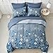 Anibedding Blue Comforter Set Queen Size 7 Piece Navy Botanical Gradient Leaves Ultra Soft Microfiber Down Alternative Bedding Set Lightweight Reversible Bed Comforter Set for All Season 90