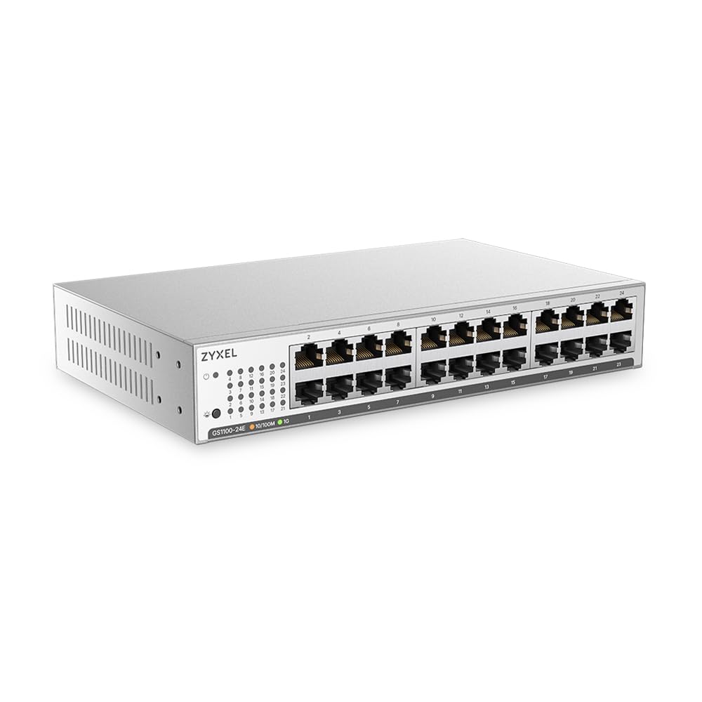 Zyxel Switch Ethernet de 24 Puertos | Unmanaged Gigabit | GS1100-24E | 24x Puertos GbE, Sin Ventilador, Kit de Montaje en Rack Incluido, Doble Puerto SFP, Compatible con MDI/MDI-X Automático