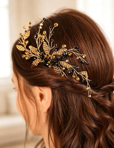 BERYUAN Hair Comb, Black Crystal Gold Beads Wedding Hair Piece, Elegant Hair Accessory for Brides Bridesmaid, Handmade Item, Boho Style, Delicate Jewelry for Women, Size 19*9cm, 26g