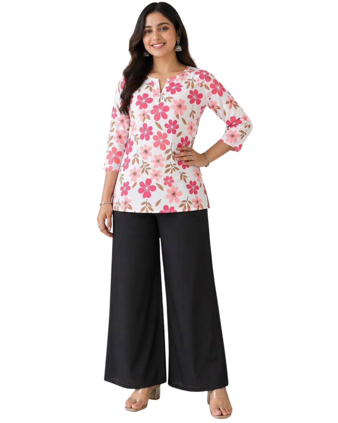 Women’s Rayon Slub Printed top with pants Set Digital Print Top with Matching Rayon Plazo Pants Stylish Wear for Office, Casual & Daily Use (IN, Alpha, M, sonpari -1,Pink full)-image-1