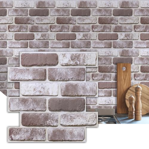 Commomy 10 Pcs Whitewash 3D Brick Peel and Stick Wall Panels - Small Size Ultralight PVC Faux Brick Panels 11.8'' x 11.8'' Brick Wallpaper Wall Tiles for Kitchen Backsplash, Living Room, Bedroom, RV