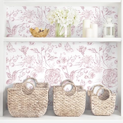 Yasinet Pink Floral Wallpaper Boho Peel and Stick Wallpaper Pink and White Contact Paper for Girl Nursery Bedroom Cabinets Farmhouse Flower Warerproof Removable Self-Adhesive Wall Paper 17.3"×78.3" — view 4
