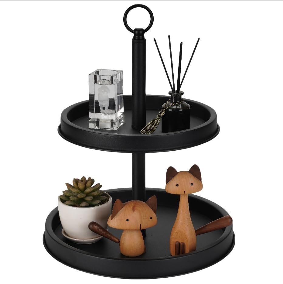 Two Tiered Decorative Serving Tray Stand, 2 Tiered Serving Tray Display for Coffee Bar Table Ceterpieces Rustic Farmhouse Home Decor,Holiday Table Centerpieces Home Decor