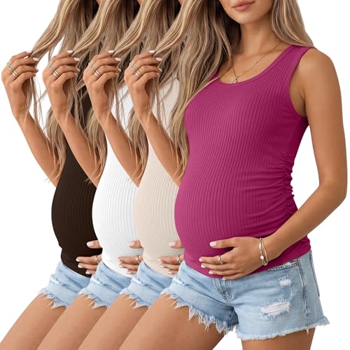 Ficerd 4 Pack Women's Maternity Tank Tops, Side Ruch Sleeveless Cotton Pregnancy Shirts Casual Ribbed Basic Maternity Clothes(Coffee, White, Apricot, Rose Red,XX-Large)
