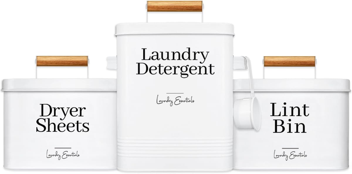 (3 Pack Bundle) Modern Farmhouse Laundry Detergent Container and Lint Bin and Dryer Sheet Holder for Laundry Room Organization
