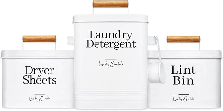 3 Pack Bundle Modern Farmhouse Laundry Detergent Container and Lint Bin and Dryer Sheet Holder for Laundry Room Organization