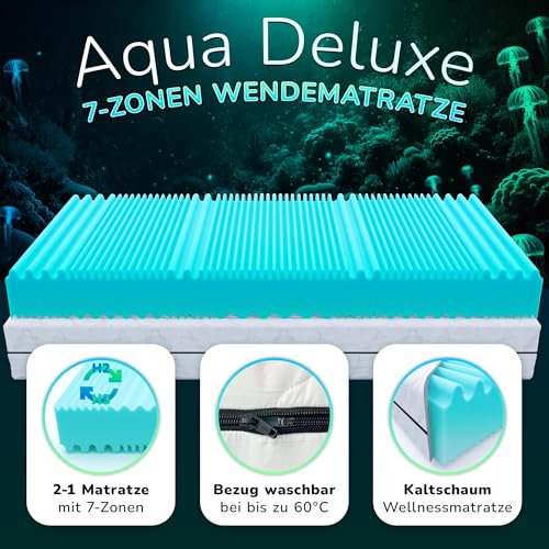 MSS e.K. Aqua Deluxe - 7 Zonen Wellness Kaltschaummatratze - 90 x 180 cm x 16 cm (Kernhöhe 14 cm) - Härtegrad H2 & H3 - Matratze Wendematratze Kaltschaum Oeko-TEX