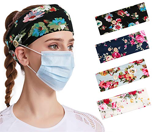 4 PCS Women Headbands With Buttons Washing Face Workout Boho Floral Print Elastic Thin Head Wrap Hair Band