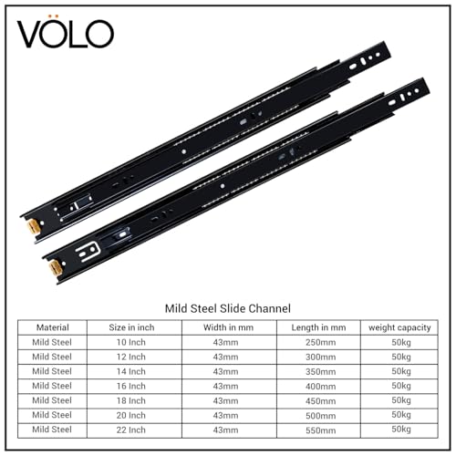 Image of Volo Heavy Duty Drawer Slides, Full Extension Ball Bearing Runners | Pack of 2 Piece | Channels for Kitchen Cabinets, Wardrobes, and Dressers (Black Mild Steel, 18 Inch)