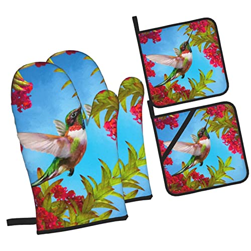 Spring Bird Hummingbird Oven Mitts And Pot Holders Sets 4 Piece Set Heat Resistant Non Slip Oven Mitts For Cooking Baking Grilling #TOP1