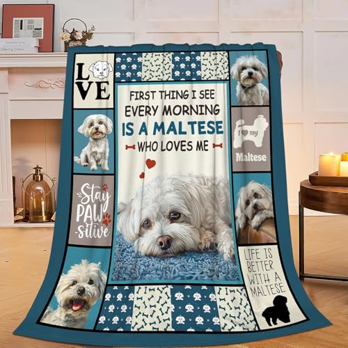 Maltese Blanket Maltese Puppy Throw Blankets Ultra Soft Cozy Fuzzy Plush Fleece Flannel Lightweight Stuff Blanket Gifts for Dog Lovers Girls Women Boys Men Kids for Bedding Sofa 40"X50"