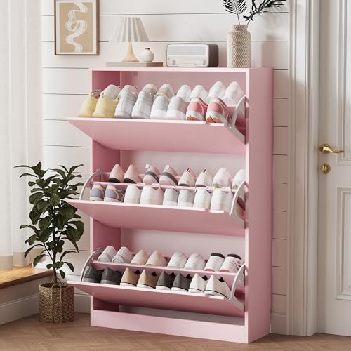 Image of Xixini Shoe Storage Cabinet for Entryway with 3 Flip Drawers, Sturdy Wood Hidden Shoe Storage, Freestanding Narrow Slim Shoe Organizer for Front Door Entrance, Living Room, Hallway, Bedroom, Pink