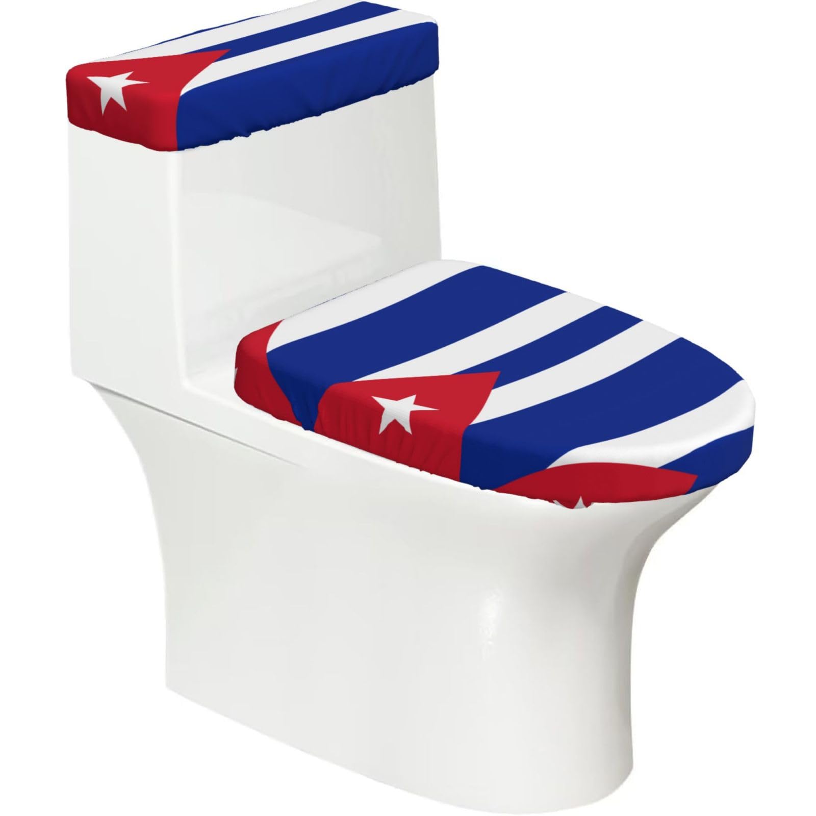 Cuban Flag Elastic Toilet Cover Set of 2-Stretchy Lid and Tank Covers for Bathroom, Soft Washable U Shape Toilet Decor