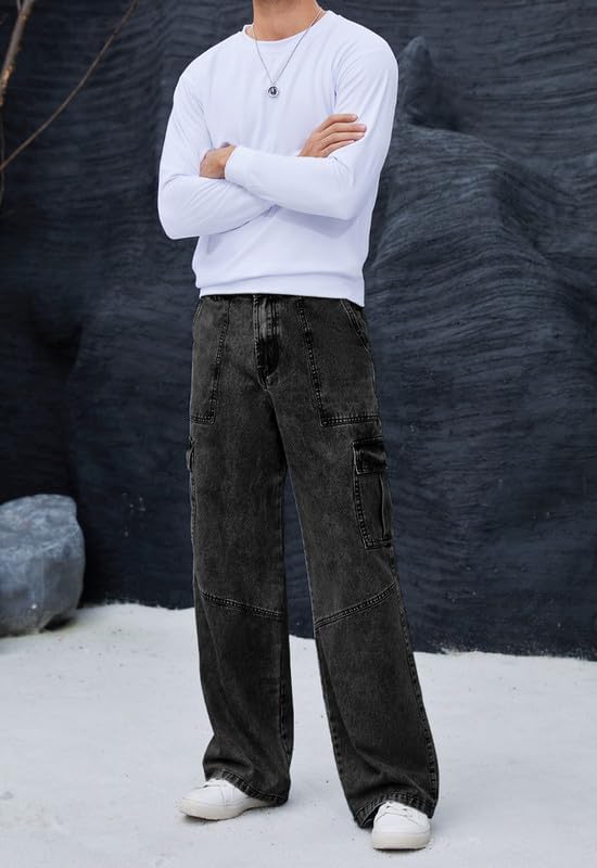 Mens Baggy Cargo Jeans Wide Leg Elastic Waist Jean Loose Fit Casual Denim Utility Pants Streetwear - Image 6