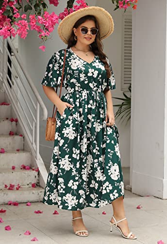 Image of Nemidor Womens Plus Size Maxi Dress Summer Boho Sundress Floral Print Flared Casual Long Dresses with Pocket