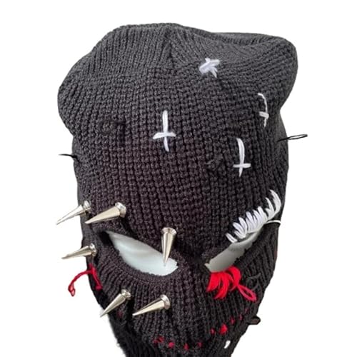 JUNNASALIKER Rivet Beanie Passamontagna divertente passamontagna lavorato a maglia effetto invecchiato maschera Shiesty - Passamontagna spaventoso per Halloween, Nero , S/L