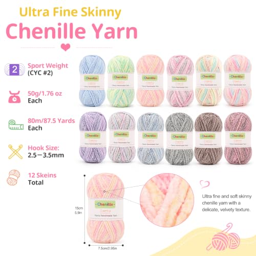 Image of Coopay Skinny Chenille Yarn, 12 Colors Gradient Velvet Yarn for Crocheting