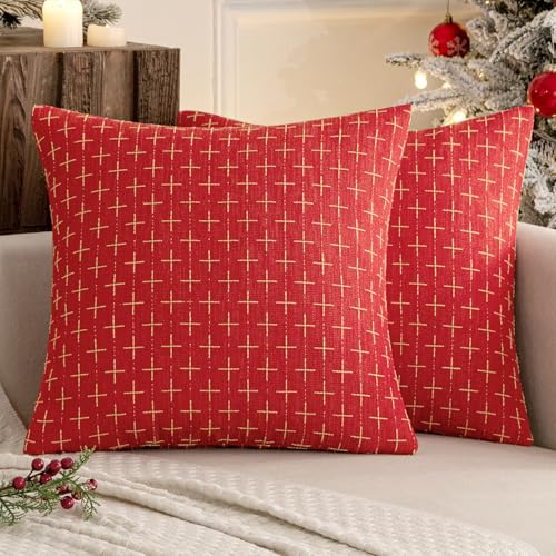 MIULEE Pack of 2 Christmas Decorative Burlap Linen Throw Pillow Covers Modern Farmhouse Pillowcase Rustic Woven Textured Cushion Cover for Sofa Couch Bed 20x20 Inch Christmas Red