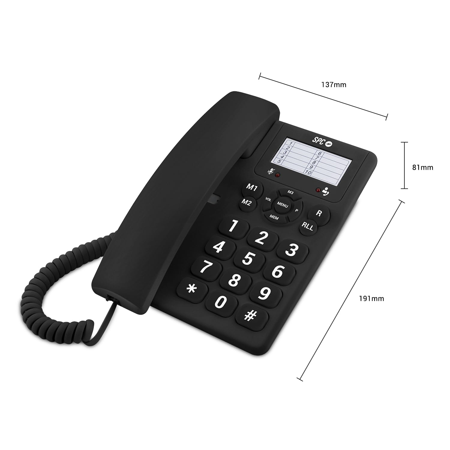 SPC Original – Téléphone Filaire de Bureau ou Mural, avec de Grandes Touches et Facile à Utiliser, 3 mémoires directes, Volume de Sonnerie Extra élevé, Fonction de Recomposition, Couleur Noir