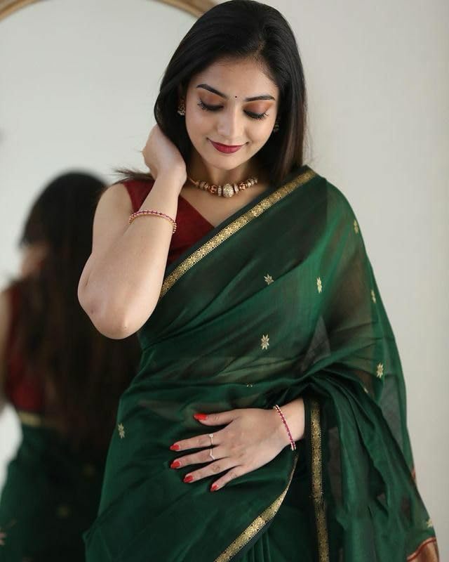 Image of Women's Cotton Soft Silk Sarees | Jamdani Cotton Saree With Attach Unstitched Blouse Piece