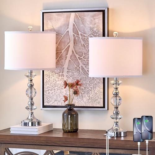 LORBAY HIGHTRY 25.5 Crystal Table Lamps Set of 2 for Living Room Modern Bedside Nightstand Lamps with USB A+C Charging Ports with White Shade 3 Way Dimmable Nickel Bedroom Lamp for End Table