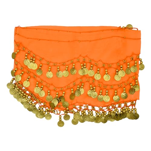 PAITOK Bauchtanz Hüfttuch, Frauens Bauchtanz Gürtel mit 128 Goldmünzen Tänzer Schal Kostüme Mädchen Tanzrock Wickelgürtel (Orange)