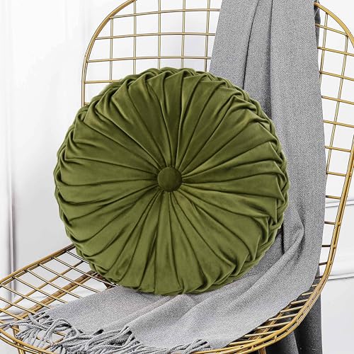 Image of HIG Set of 2 Decorative Round Pleated Throw Pillows, Classy Accent Pumpkin Throw Pillows with Center Button, Vintage Velvet Floor Pillows for Sofa Couch Vanity Chair Bed, Olive, 14.5 inch Diameter(Ripple)