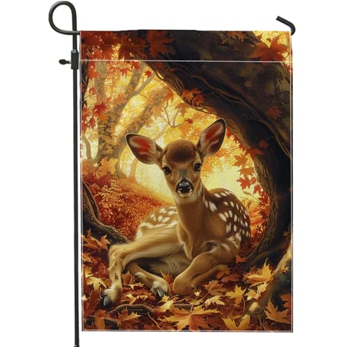 generic Fall Cute Deer Garden Flags 12x18 Inch for Outside, Autumn Funny Animal Standard Vertical Linen House Flags, Maple Leaf Wildlife Front yard Backyard Lawn Flags Outdoor Décor