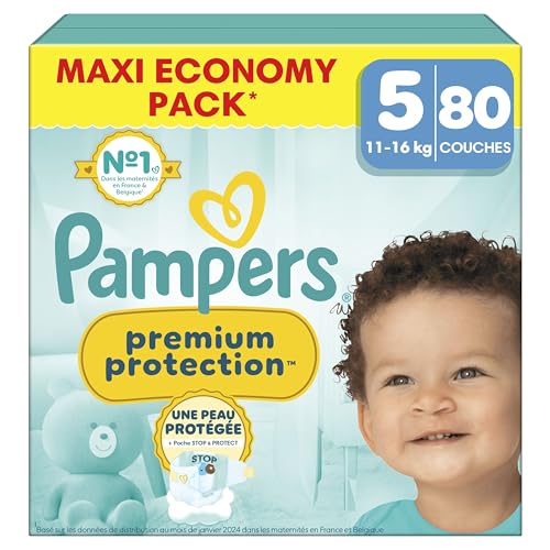 Pampers Premium Protection Taille 5, 80 Couches, 11kg-16kg, Double Protection Pour La Peau Et Contre Les Fuites