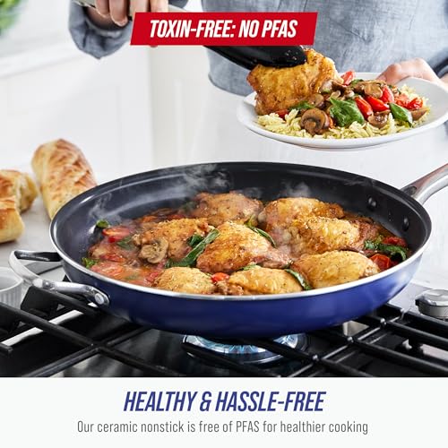 Image of Blue Diamond Ceramic Nonstick 14 inch Frying Pan Skillet, PFAS-Free Cookware, Jumbo Cooker with Helper Handle, For Large & Family Sized Meals, Dishwasher & Oven Safe, Blue