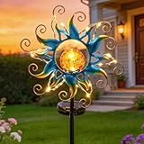 Solar Lights Outdoor Garden Decor, Blue Metal Sun Crackle Glass Globe Stake Waterproof 30LED Decorations Unique Gifts for Women,Mom,Outside, Patio,Lawn,Yard,Pathway