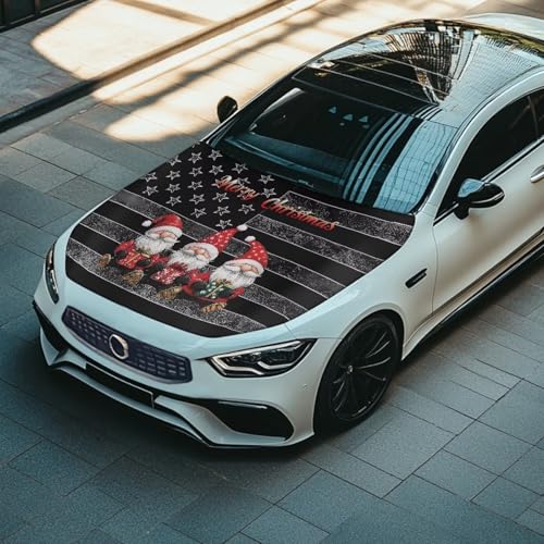 Image of American Flag Christmas Car Hood Cover Polyester Elastic Fabrics Washable Suitable for Large SUV and Pickup Trucks 39x59in