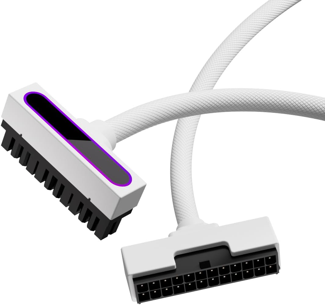 24PIN PC Extension Cable,ARGB PSU Extension Cable with 5V 3Pin,18AWG 90 Degree Right-Angle Design for Power Cable Extension,Male-to-Female for Various Motherboard and Power Supply (30CM-White)