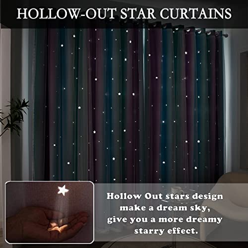 Image of Yancorp Curtains for Girls Bedroom Kids Curtain Hollow-Out Star Window Nursery Curtain 63 inches Length Room Darkening Grommet 2 Layers,1 PaneliE†Purple Teal Blue, W52 X L63
