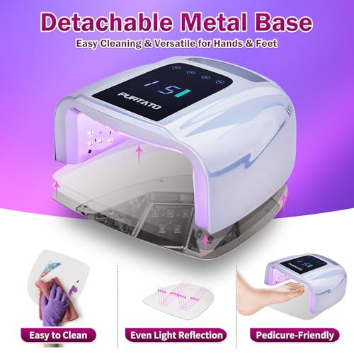 Image of PURTATO Professional Rechargeable 96W UV LED Portable Cordless UV Light for Nail Lamp Machine with Removable Stainless Steel Bottom,4 Timer Setting and Smart Sensor Nail Dryer (Plating Silver)