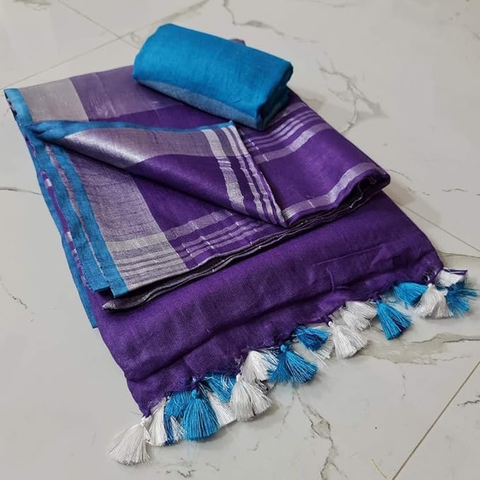 Image of STB-SILK TEXTILES BHAGALPUR Women's Linen Slub Saree With Contrast Blouse Piece