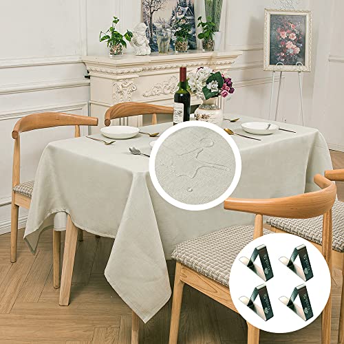 Iycnkok Mantel de Mesa Impermeable Rectangular Manteles Efecto Tela 140x240 cm Lavable Blanco, 4 Pinzas Incluidas, Table Cloth Elegante para Comedor Exterior Cocina Jardin Navidad Fiesta Cover