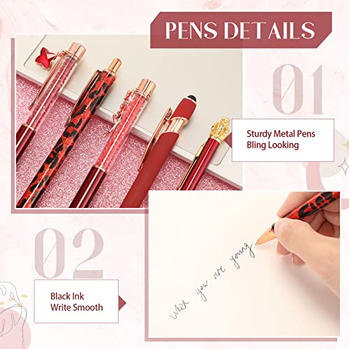 Image of Janmini Metal Crystal Glitter Ballpoint Pen Set 9 Pcs Black Ink Cute Cute Things Novelty Gifts for Women Girls Birthday Home Office (Wine Red)