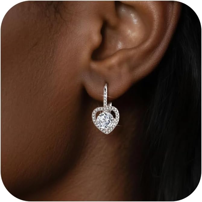 Heart Moissanite Earrings, 14K Gold 925 Sterling Silver Dangle Earrings 2.0ct D Color Round Cut Lab Created Moissanite Heart Diamond Drop Leverback Earring for Women Jewelry Gifts in Box
