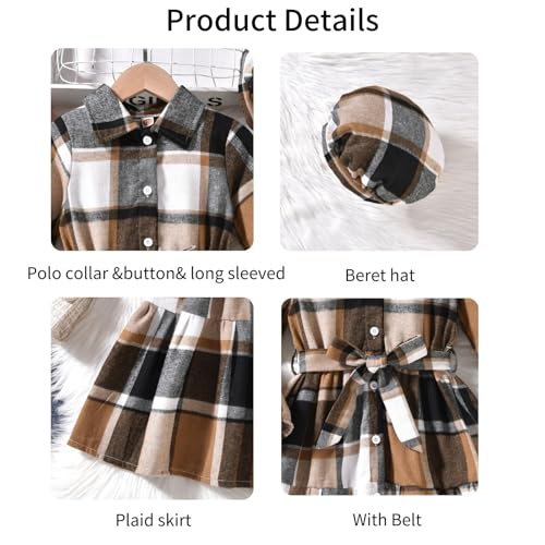 fioukiay Girls Plaid Shirt Dress Button Down Babydoll Dresses Long Sleeve Collared Coats Fall Dresses with Hat4