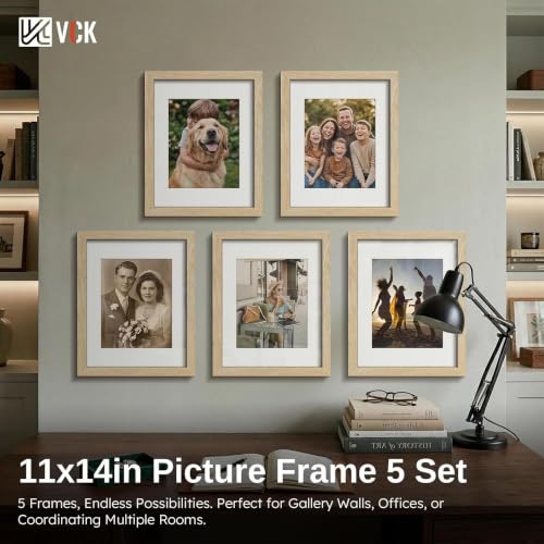 Image of VCK 11x14 Picture Frame 5 Pack, Natural Wood, 8x10 Mat, Glass, for Photo