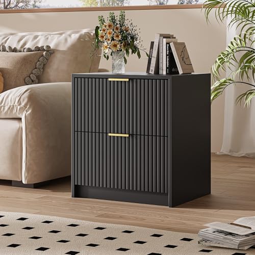 Image of MAISONARIA Fluted Nightstands Set of 2 with 2 Drawers, 19.6 inch Modern Storage Bedside Table with Golden Metal Handles, Wooden End Table for Bedroom, Black