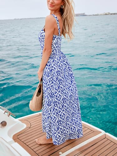 Image of CUPSHE Women Ruffle Summer Dress 2025 Square Neck Straps Button Front Casual Sundress Holiday Vacation Beach Maxi Dress