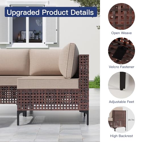 Kullavik 7 Pieces Outdoor Patio Furniture Set,Morden Brown PE Rattan Outdoor Conversation Set Sectional Sofa with Thick Cushions and Glass Table,Sand