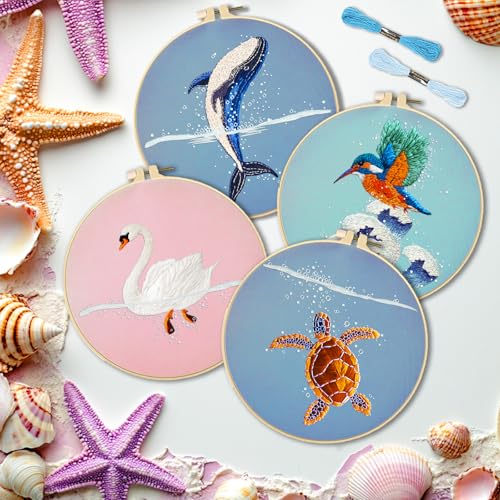 Image of INFUNLY 4 Sets Whale Embroidery Kits for Beginner Bird Cross Stitch Starter Kits with Instructions for Adults DIY Embroidery Needlepoint Sets with Animal Pattern Embroidery Cloth Hoops Threads Tools