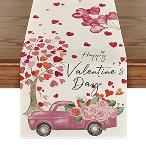 Artoid Mode Heart Tree Truck Rose Balloon Happy Valentine’s Day Table Runner, Seasonal Anniversary Wedding Holiday Kitchen Dining Table Decoration for Indoor Outdoor Home Party Decor 13 x 72 Inch