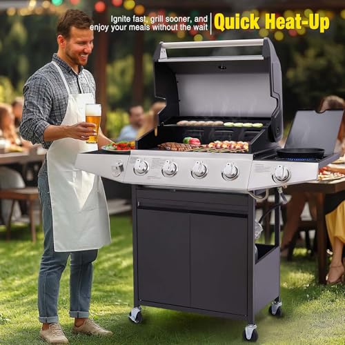 Image of Unovivy 4-Burner Propane Gas Grill with Side Burner, Portable BBQ Grills with Oil Tray and Built-in Thermometer for Outdoor Barbecue, Camping, Patio, Backyard, 49,000 BTU