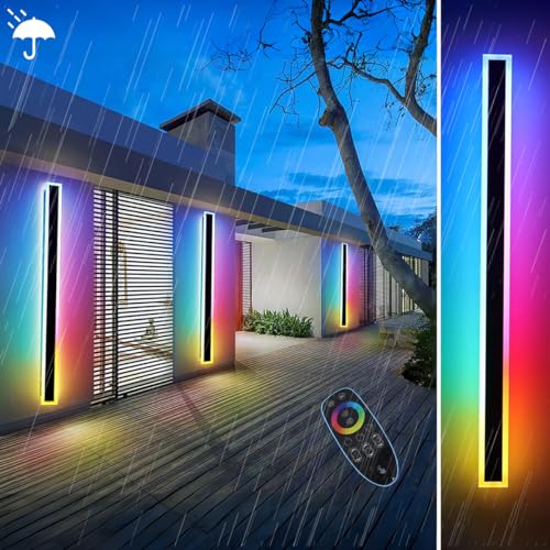 RGB Außenwandleuchten LED Wandleuchte Aussen Innen IP65 Wasserdichte Lang Wandlampe Dimmbar Wandleuchte mit Fernbedienung Schwarz Wandlampe Aluminium Terrassen Beleuchtung für Balcony Villa (100CM)